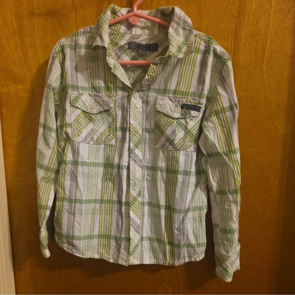 Girls DKNY long sleeve white green plaid button up shirt size 6
